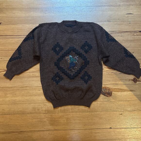 VTG‎ Brown argyle mountain climber embroidered grandpa mens crew sweater SIZE M
